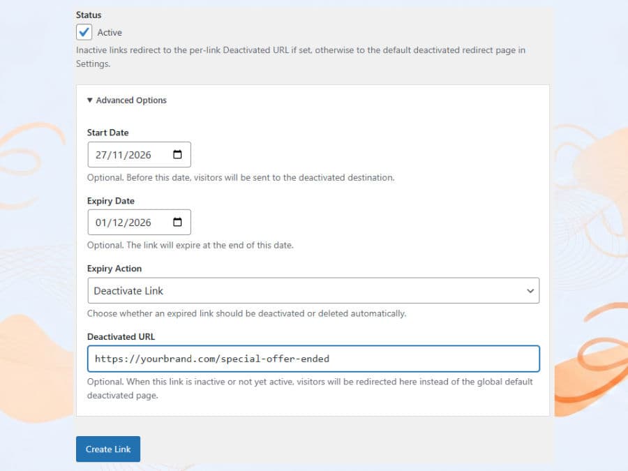 GoshLinks advanced link options screen in WordPress.