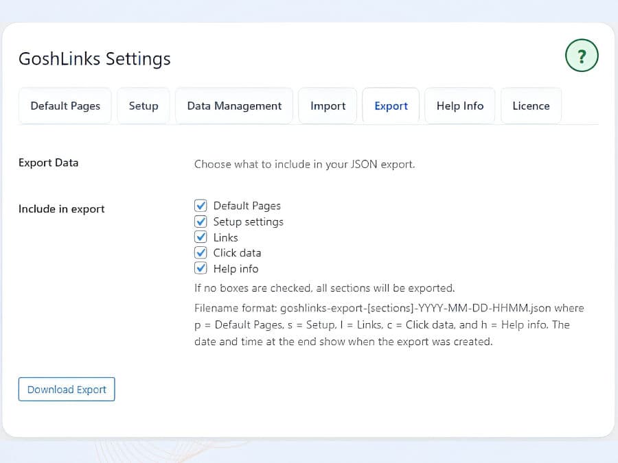 GoshLinks export screen for link and data management.