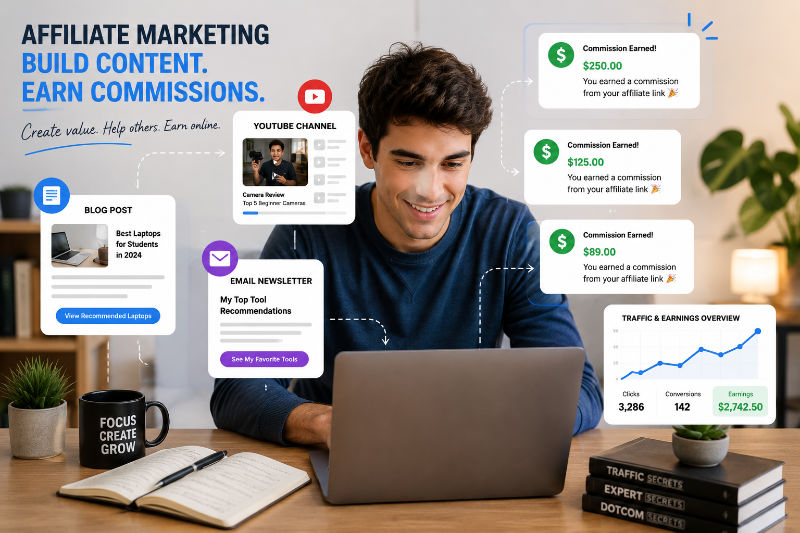 A beginner affiliate marketer working on a laptop with multiple content channels around them.
