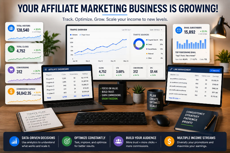 An affiliate marketer's desk with multiple monitors